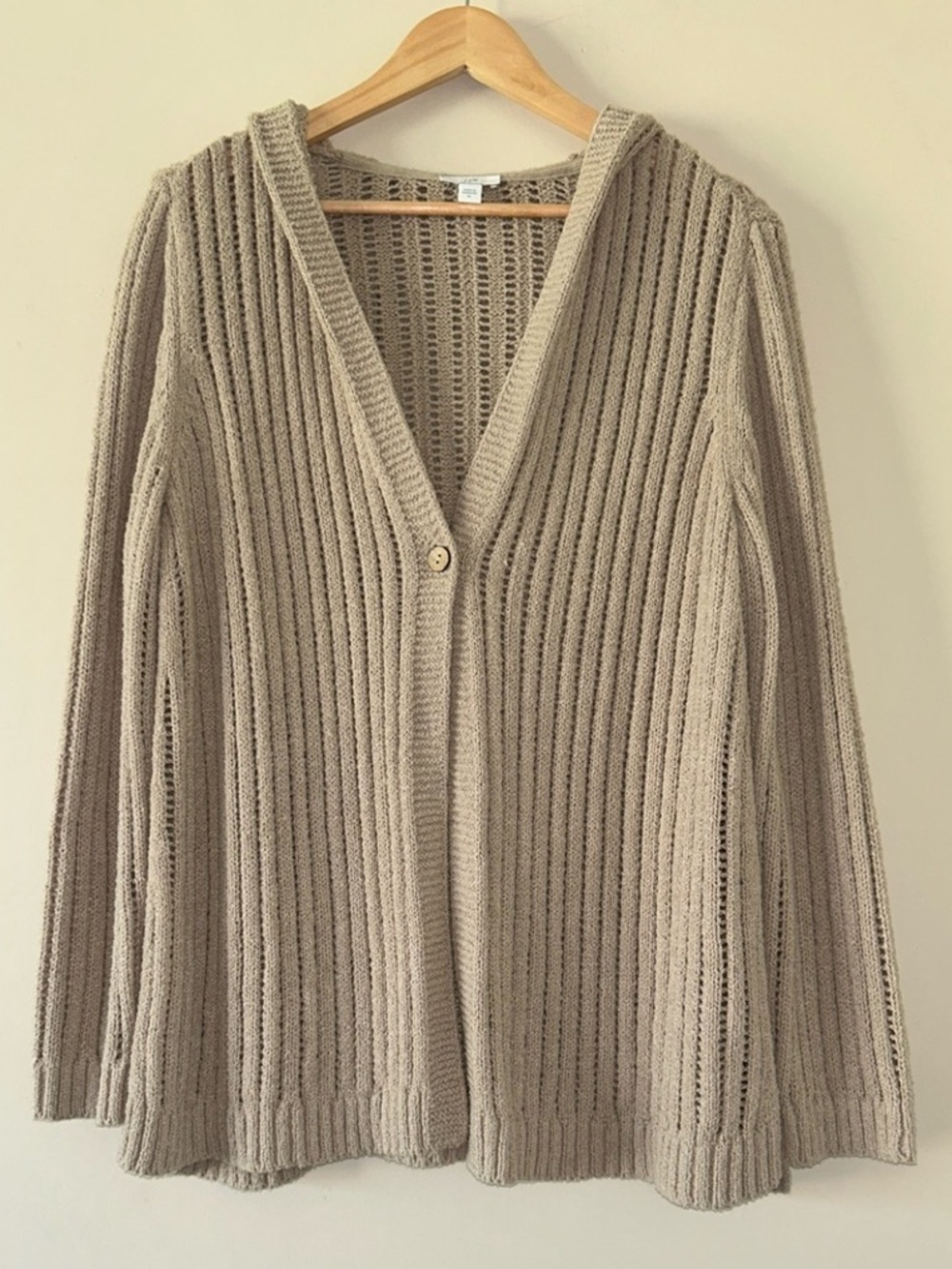 J. Jill XL Open-Knit Hooded One Button Cardigan Tan/Taupe Cotton Blend